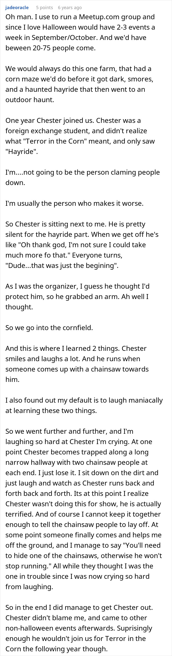 Text describing a humorous haunted hayride experience highlighting scared kids and entitled parents ignoring their fears.