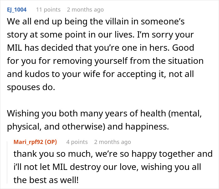 Online discussion about MIL playing victim while family cuts contact with gay couple, showing support and resilience in responses.