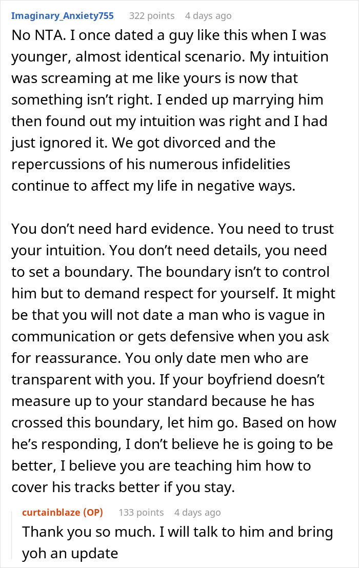 Screenshot of a Reddit conversation about a man&rsquo;s suspicious work trip causing relationship trust and boundary issues.