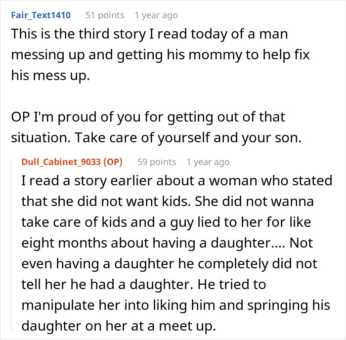 Reddit comments discussing a man cheating during pregnancy and postpartum, and claiming wife breaks home by leaving.