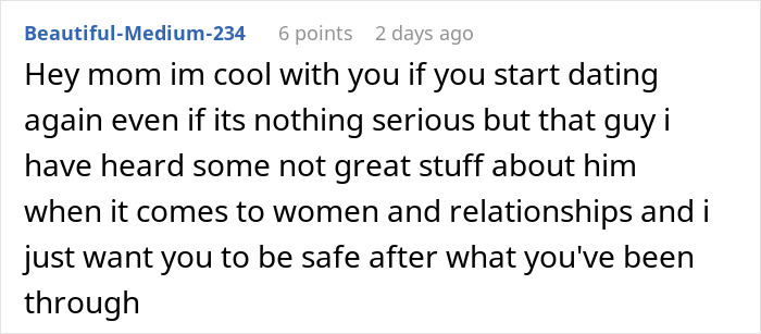 Alt text: Teen talks to recently divorced mom about dating risks, warning her about a charming but untrustworthy womanizer.