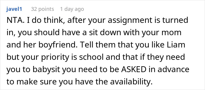 Text conversation screenshot showing advice about setting boundaries for babysitting responsibilities with girlfriend's son.