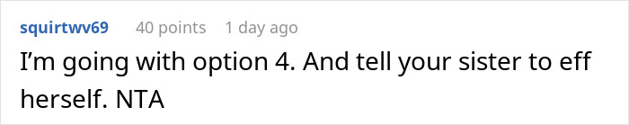 Comment on a forum post expressing refusal to bring expensive food for Thanksgiving, highlighting disagreement in a casual tone.