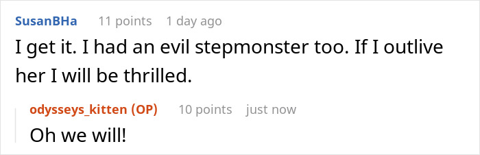 Screenshot of an online conversation mentioning an evil stepmom and a stepdaughter experiencing poetic justice.