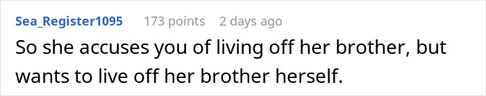 Comment text on a white background discussing a woman refusing to let her homeless sister-in-law move in.