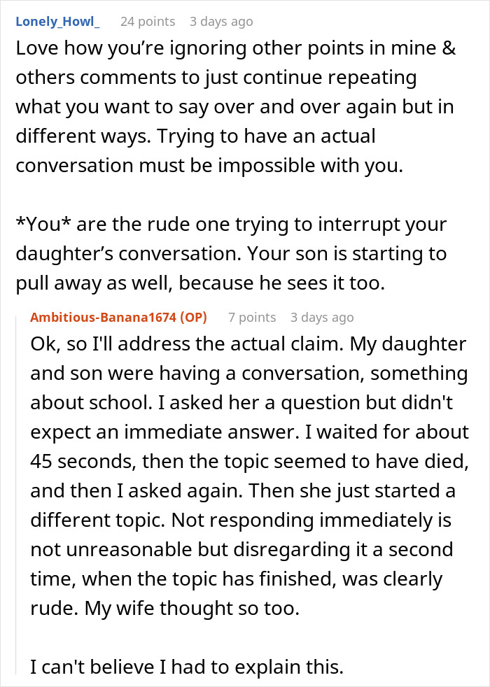 Reddit comment thread showing a man describing his teen&rsquo;s rude attitude and family communication struggles over five years.