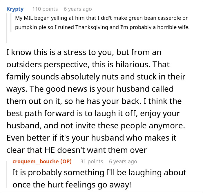 In-laws make fun of woman for Thanksgiving dinner, causing family tension and stress during the holiday celebration. In-laws make fun of woman for Thanksgiving dinner, causing family tension and stress during the holiday celebration.