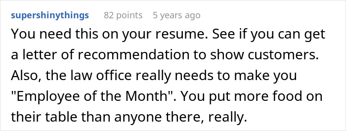 Text comment highlighting a baker&rsquo;s efforts and humorous legal recognition in a corporate setting about bagel delivery.