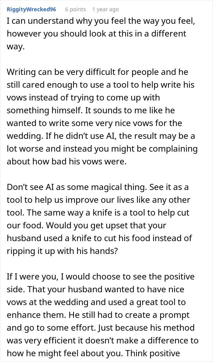 Comment discussing groom’s vows and how using AI to write them affected his wife’s mixed emotions after the wedding. Comment discussing groom’s vows and how using AI to write them affected his wife’s mixed emotions after the wedding.