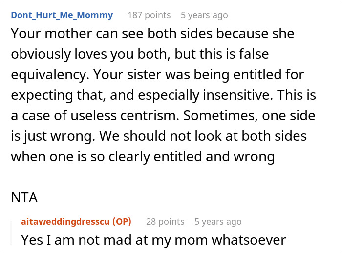 Reddit user discussing sister's reaction to woman remaking wedding dress instead of giving it to her. Reddit user discussing sister's reaction to woman remaking wedding dress instead of giving it to her.