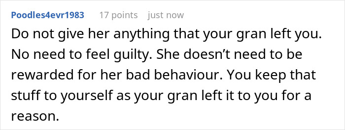 Comment advising against giving anything left by grandma, related to protecting daughter from solicitor about inheritance. Comment advising against giving anything left by grandma, related to protecting daughter from solicitor about inheritance.