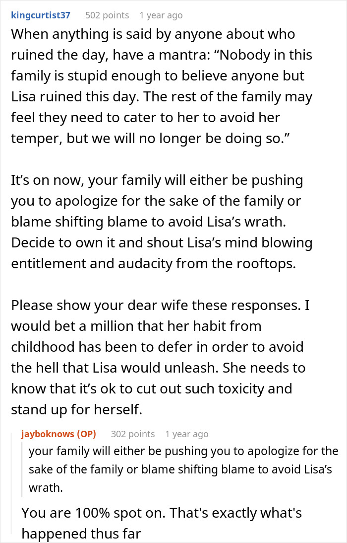 Reddit user comments discussing family conflict after sister&rsquo;s major tantrum disrupts Thanksgiving celebration.