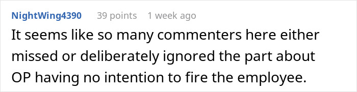 Screenshot of a Reddit comment discussing concerns about firing an employee in a right to fire state.