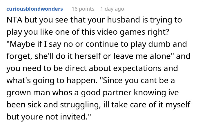 Screenshot of a Reddit comment discussing a husband struggling with Thanksgiving shopping and being banned by his wife.