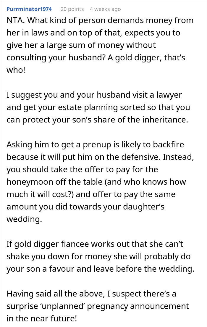 Comment discussing future daughter-in-law demanding an $80,000 wedding and wealthy in-laws asking for a prenup in return.
