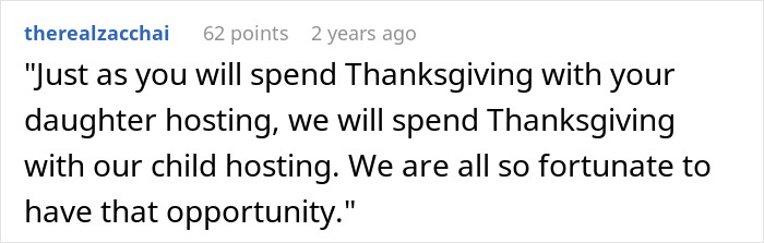 Screenshot of a Reddit comment about a woman wanting to celebrate Thanksgiving with her kid while her MIL reacts strongly.
