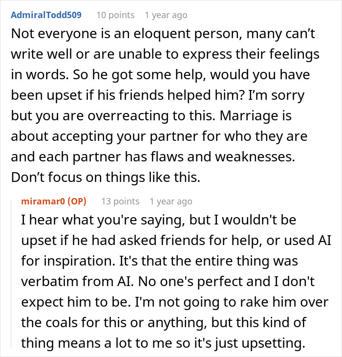 Reddit discussion about groom’s vows making wife cry and her feelings after learning how he wrote them. Reddit discussion about groom’s vows making wife cry and her feelings after learning how he wrote them.