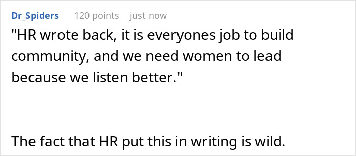 Screenshot of online comment discussing HR asking women to lead community building efforts at work.