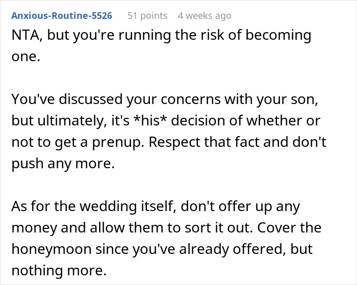 Screenshot of a forum comment discussing concerns about an $80,000 wedding and a prenup request from wealthy in-laws.