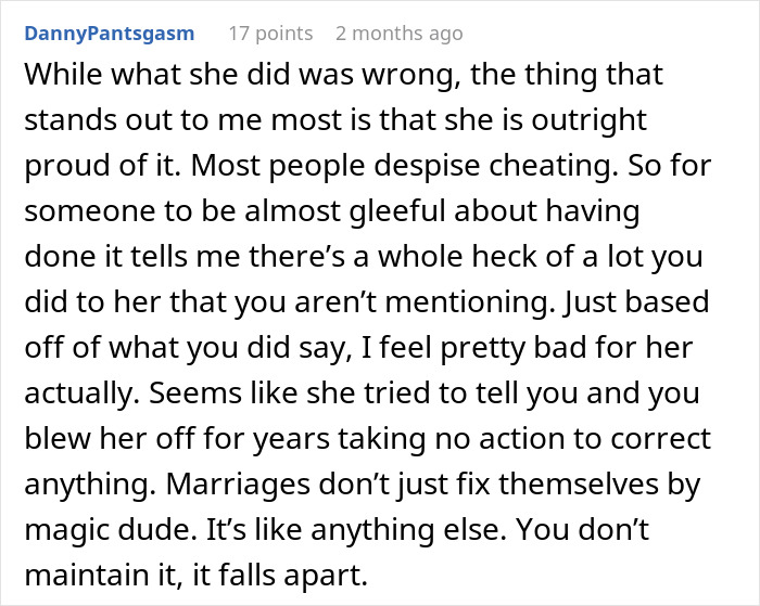 Comment discussing hurt and neglect in a marriage after husband refuses intimacy for five years and wife seeks younger partner.