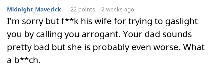 Text comment criticizing a wife for gaslighting and discussing a father's negative behavior in a family conflict.