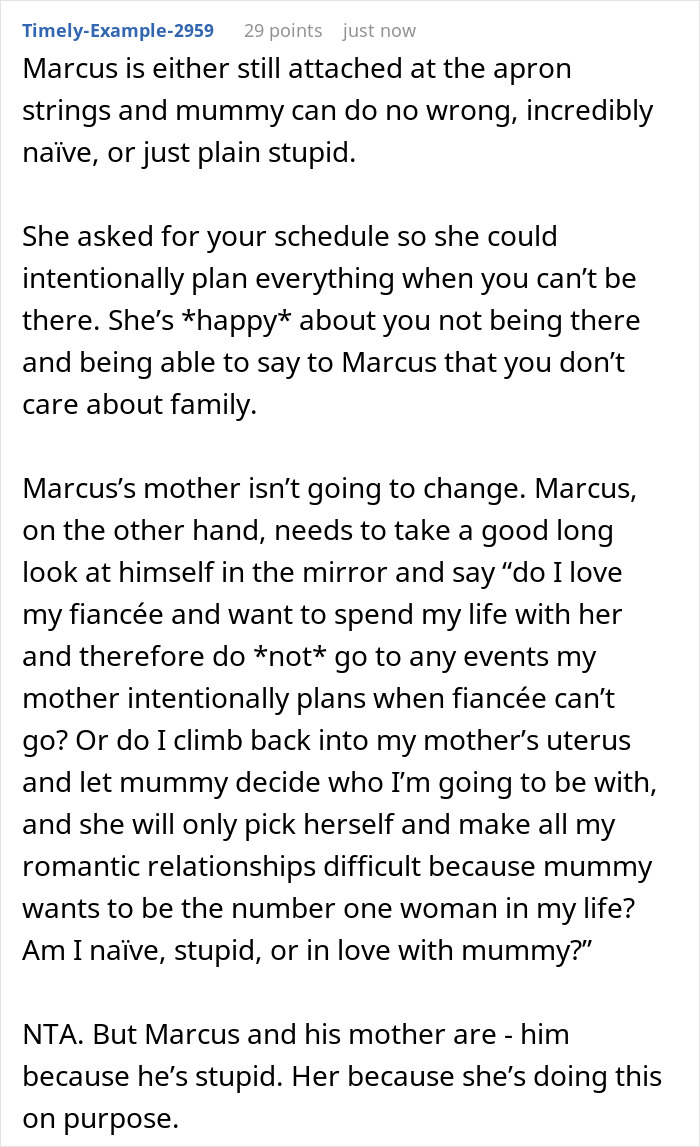 Text post discussing future MIL scheduling family events on days lady is working, causing her to stop attending.