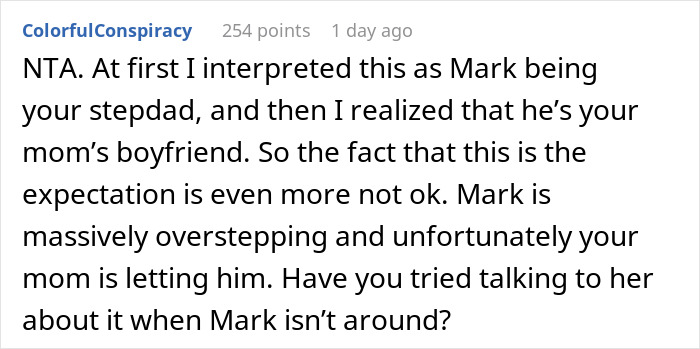 Screenshot of a Reddit comment discussing a guy who thinks his girlfriend&rsquo;s son is a free babysitter and oversteps boundaries.