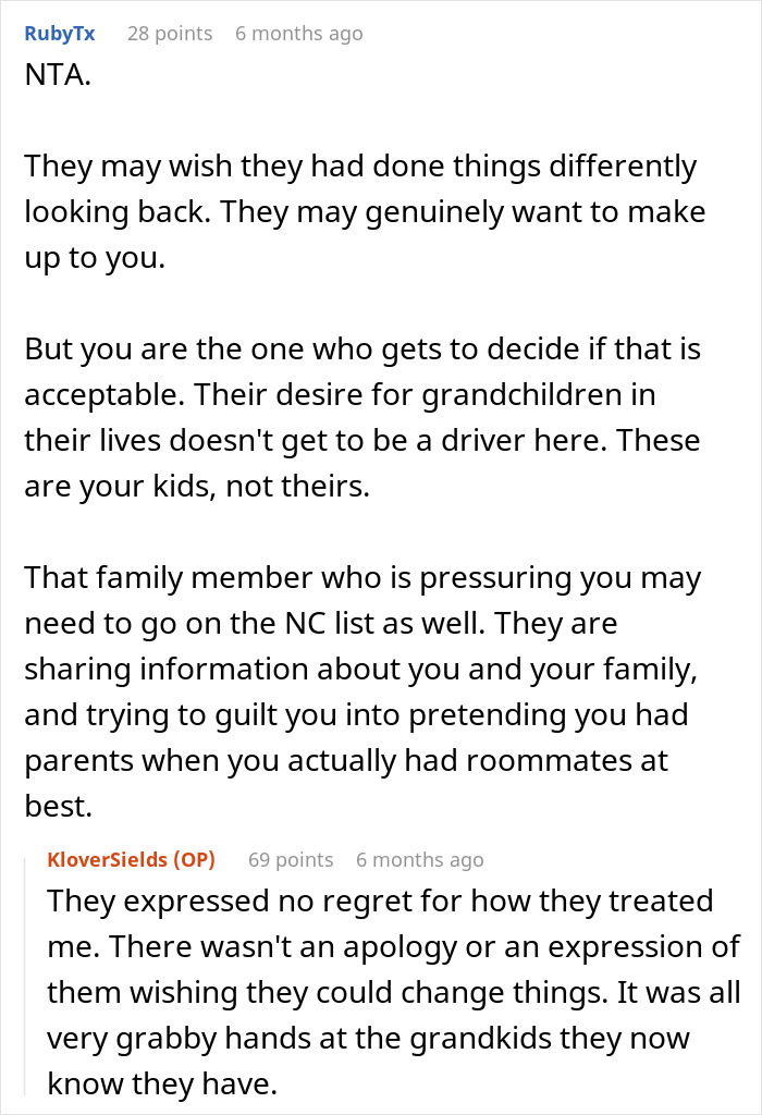 Comment discussion about estranged parents expecting to meet grandkids after years of neglect, son refuses contact and blocks them.