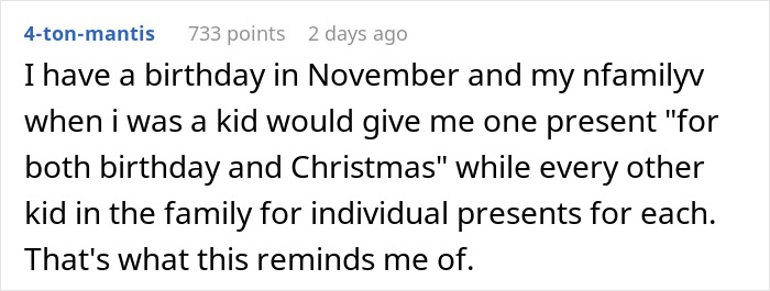 Commenter sharing childhood memory of receiving one combined birthday and Christmas gift instead of separate presents.