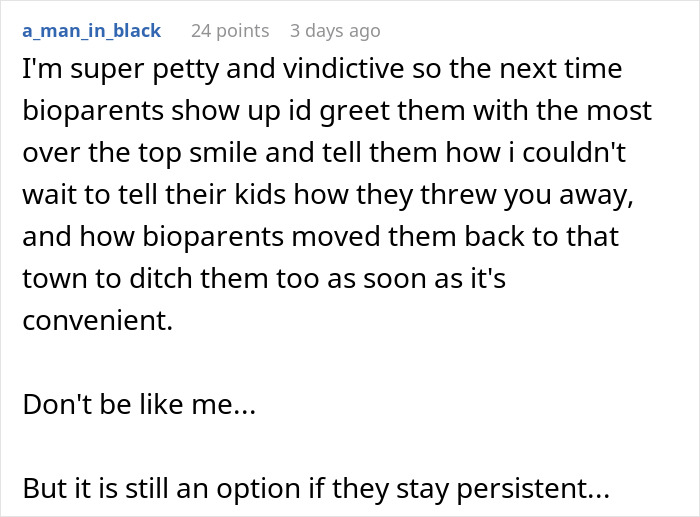 Comment about bioparents and abandoned son after 17 years, expressing feelings toward family and sibling relationships.