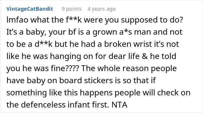 Comment criticizing a man upset his nurse girlfriend prioritized dogs and a baby during a car crash.