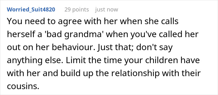 Comment discussing a mother-in-law admitting to having a favorite grandchild and treating others like burdens, causing family tension.
