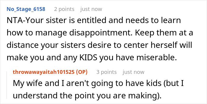 Screenshot of an online discussion where a guy rejects sister's idea for his big wedding, causing family tension over rejection sensitivity.