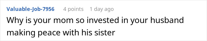 Screenshot of an online comment questioning a mom&rsquo;s involvement in husband making peace with his sister.