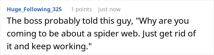 Comment text on a white background discussing a boss telling an employee to ignore a spider web and keep working.