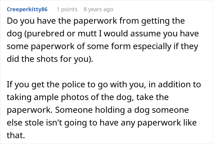 Screenshot of a forum comment advising on paperwork and police involvement when dealing with a stolen wife&rsquo;s dog issues.