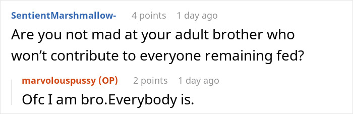 Screenshot of a Reddit conversation where a 17-year-old discusses their mom retiring from parenting and kids buying food.