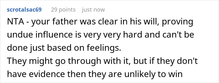 Screenshot of a forum comment discussing entitled siblings' rage after dad cut them from his will, citing undue influence concerns.