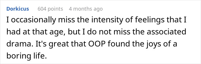 Screenshot of a Reddit comment discussing missing intense feelings from youth but not the associated drama in life.