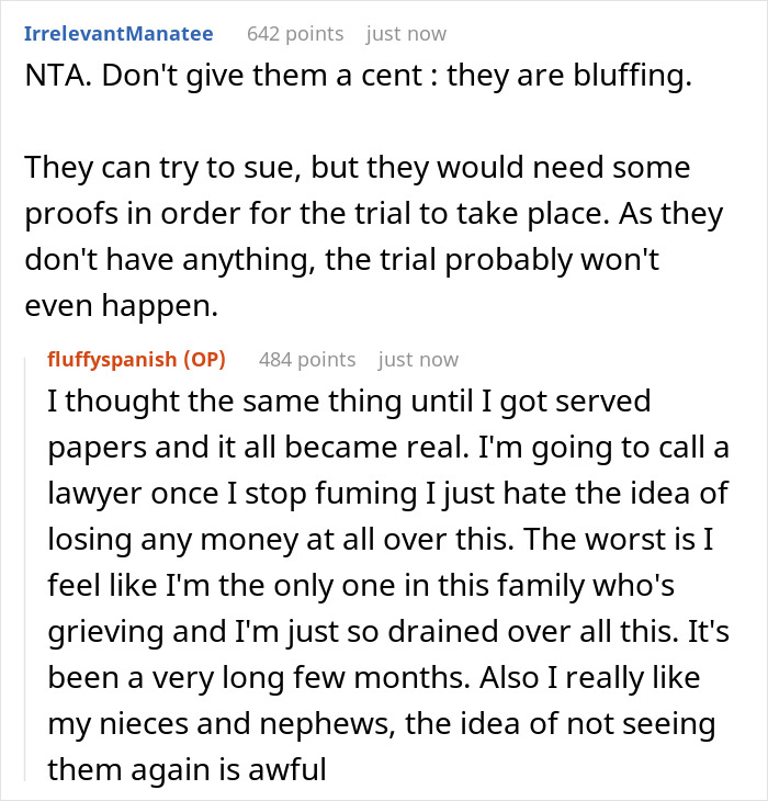 Reddit comments discussing entitled siblings angry after being cut from dad&rsquo;s will, influenced family dispute and legal concerns.