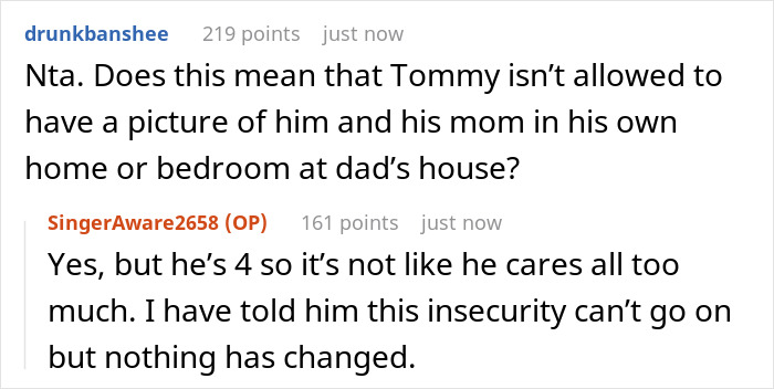 Reddit conversation about a jealous wife upset over hubby&rsquo;s mom having pictures of his ex in her house.