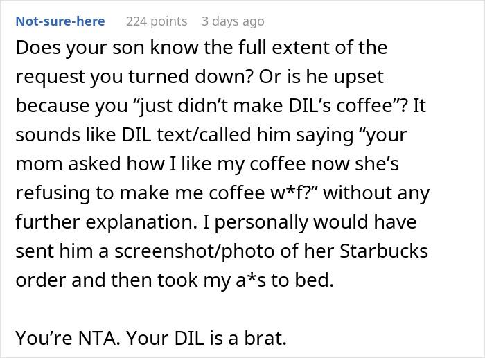 Screenshot of a Reddit comment discussing MIL making morning coffee for DIL and ignoring fancy recipe instructions.
