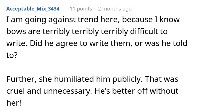User comment expressing sympathy for guy writing wedding vows with ChatGPT, discussing difficulty of writing and public humiliation.
