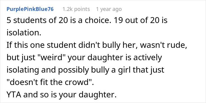 Social media comment criticizing mom and 13YO for excluding a girl, highlighting bullying and social isolation issues.