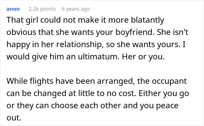 Comment discussing a girl wanting a boyfriend and advice on ultimatums in a complicated romantic trip scenario. Comment discussing a girl wanting a boyfriend and advice on ultimatums in a complicated romantic trip scenario.