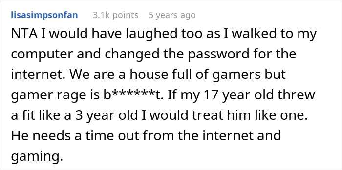 Screenshot of a Reddit comment about gamer rage and a 17 year old teen needing a time out from gaming and the internet.
