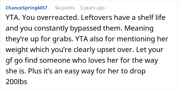 Comment discussing a man snapping at his girlfriend after she eats all of the leftovers, mentioning weight gain and relationship tension.