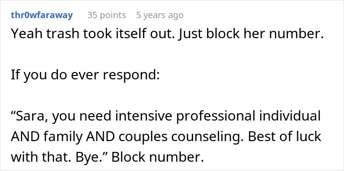 Screenshot of a Reddit comment advising to block a clingy friend's number in a family vacation dispute.