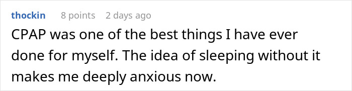 Comment about CPAP use related to snoring and sleep anxiety, reflecting woman&rsquo;s struggle with roommate&rsquo;s snoring and sleeplessness.