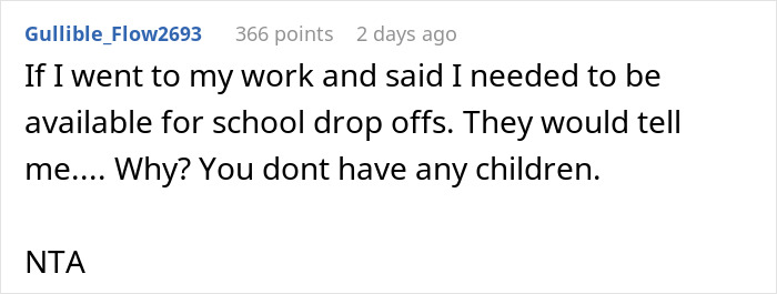 Screenshot of a Reddit comment discussing school drop offs and a family disagreement involving a woman refusing to take her niece to school.